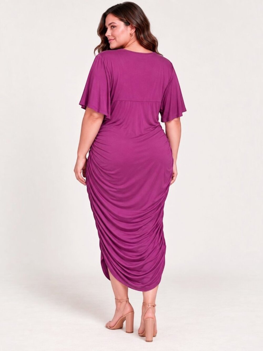 Purple Ruched Plus Size Surplice V-Neck Dress Flutter Sleeve Stretch 3XL - Picture 2 of 7